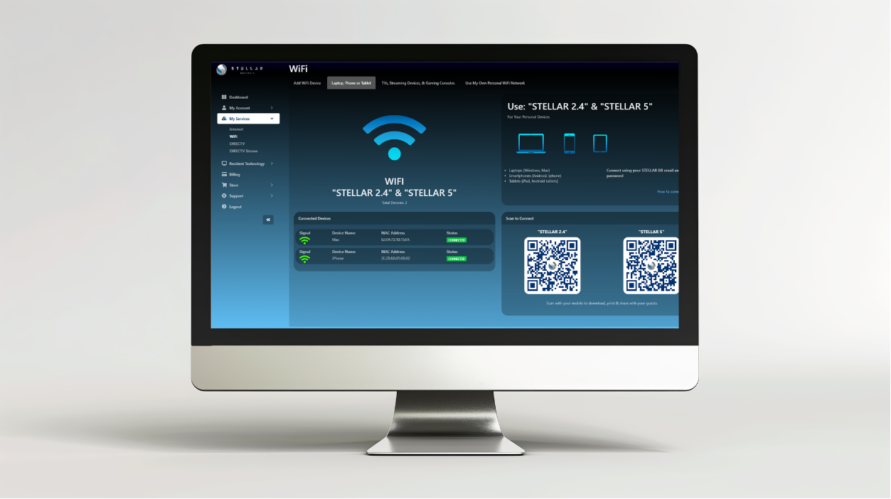 A desktop showing the STELLAR WiFi dashboard: connected devices with MAC addresses, and QR codes to share the STELLAR 2.4 and STELLAR 5 networks